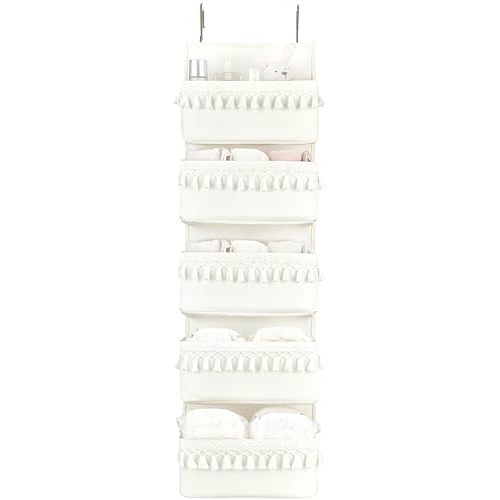 Dahey Over The Door Organizer Boho Nursery Storage Decor Closet Hanging Organizer with Tassels Decoration for Bedroom Nursery Bathroom Apartments Dorm Pantry, 5 Pockets, White
