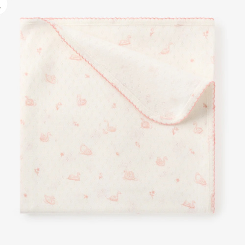 Pink Swan Print Organic Cotton Pointelle Baby Blanket – Elegant Baby