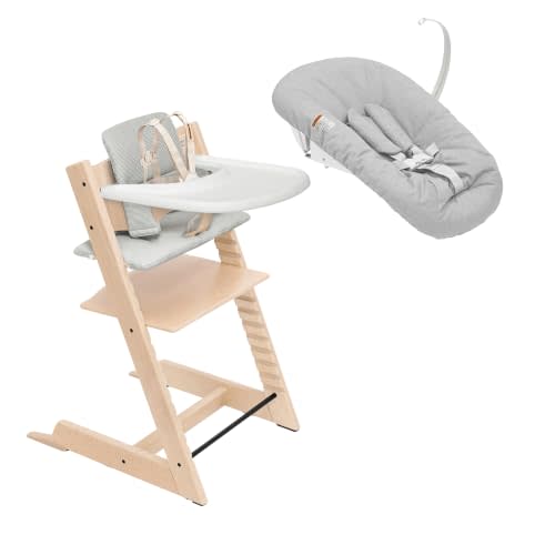 Stokke Tripp Trapp High Chair with Tray + Cushion, Natural Nordic Grey | Includes Chair, Baby Set, Removable Harness, Tray, Cushion, for Ages 6-36 Months, Solid Wood, Holds up to 300 lbs