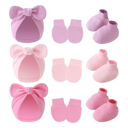 9 Pieces Newborn Baby Hat No Scratch Mittens and Socks Set Cotton Infant Hair Bow Turban Beanie Cap