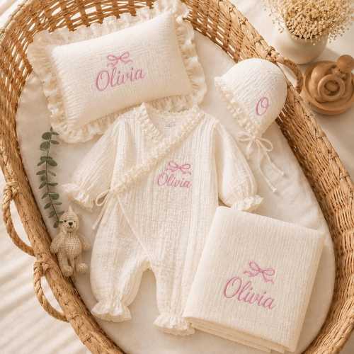 Luxury Personalized Newborn Gift Set, Custom Name Embroidered Muslin Baby Romper, Blanket & Pillow, Baby Girl Coming Home Outfit