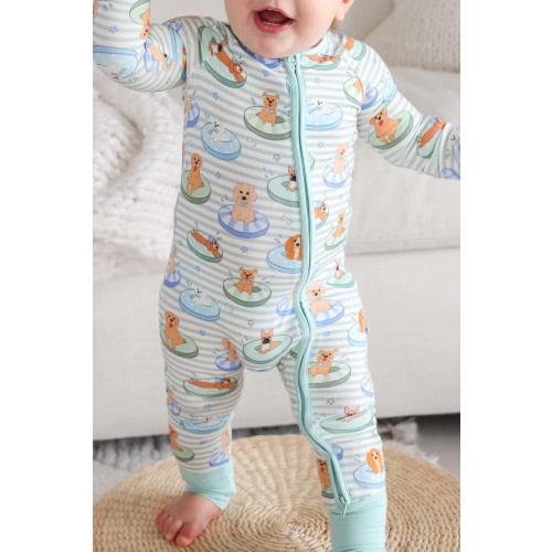 Convertible Bamboo Zip Romper | Poolside Pups Blue