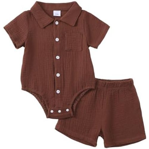 Jecson Newborn Boy Clothes Baby Boy Outfits Summer Cotton 2 Piece Set with Button Down Bodysuit and Shorts 0-18M