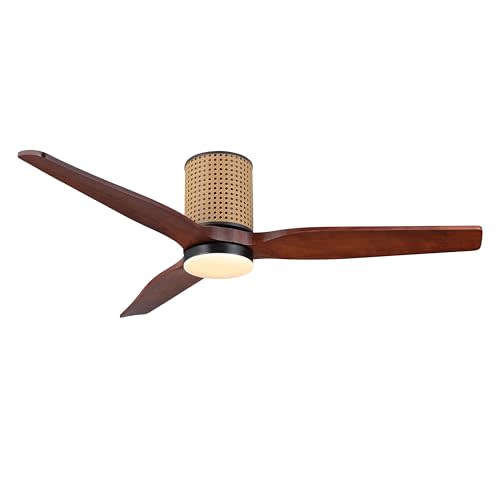 LEDLUX 52" Ceiling Fan with Light - Low Profile Flush Mount Ceiling Fan, 6-Speed Remote Control, Solid Wood, Quiet Reversible DC Motor,Walnut/Black Finish, for Bedroom, Living Room, Porch