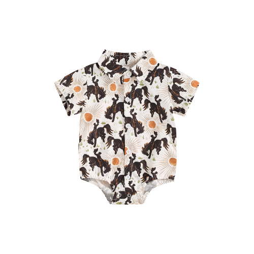 Nygoyerh Baby Boys Western Print Shirt Romper Short Sleeve Lapel Button Jumpsuit Newborn Infant Summer Gentleman Bodysuits for Casual Daily 3M 6M 12M 18M