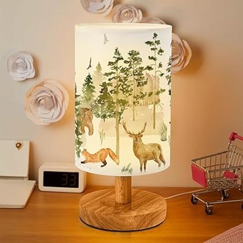 Animal Forest Bedside Table Lamp for Bedroom with USB Port, Funny Cozy Kids Nightstand Lamp with Wood Base Polyester Fabric Shade for Living Room Dorm Desk (Green)