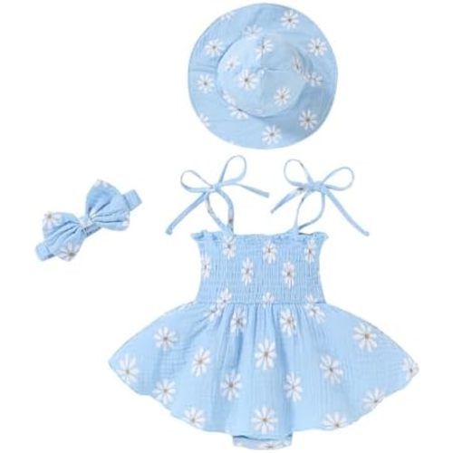 Happy Town Baby Girl Clothes Toddler Summer Sleeveless Romper Dress with Headband and Hat Cute Infant Jumpsuit Outfits