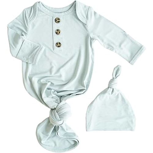 Caden Lane Newborn Knotted Gown with Hat, Soft Bamboo Viscose Baby Sleep Sack, Unisex Infant Nightgown, Breathable Sleepwear