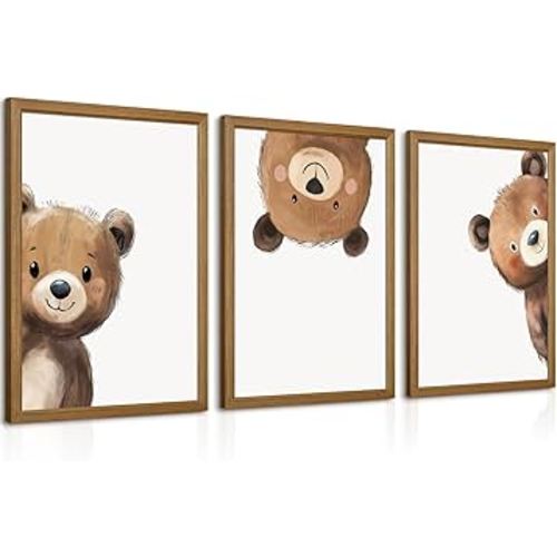 Bear Nursery Wall Art Decor Kids Canvas Poster Baby Boy Nursery Wall Decor Woodland Animal Pictures Teddy Peeking Bear Prints Cute Brown Painting Neutral Artwork Bedroom 12x16x3 Inch Wood Framed