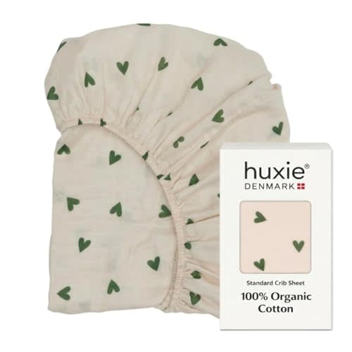 Crib Sheets – Organic Cotton Muslin Fitted Crib Sheet – Standard Size for Baby Boy and Baby Girl 28" x 52" Ultra-Soft and Breathable. (Green Hearts)
