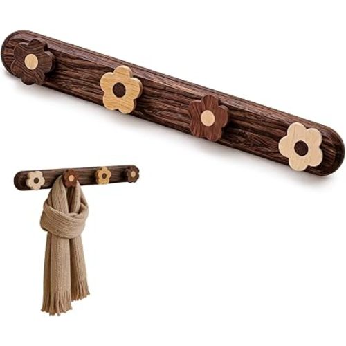 Walnut Wood Floral Hooks, Wooden Wall Hooks, Kids Coat Rack Wall Mount, Decorative Coat Hanger Wall Mount for Entryway Bedroom Home Storage