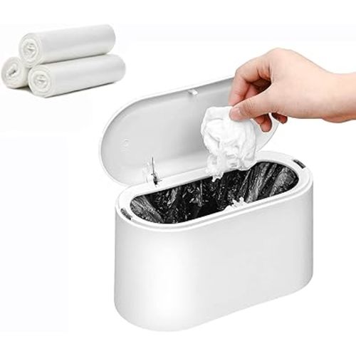 SUBEKYU Mini Trash Can with Lid,Small Desk Trash Can,Countertop Mini Garbage Cans,Tiny Waste Basket,White,with 3 roll Bags