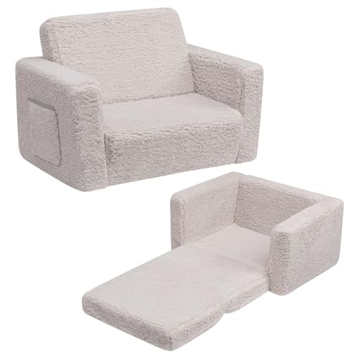 ALIMORDEN 2-in-1 Flip Out Cuddly Sherpa Toddler Couch, Light Grey