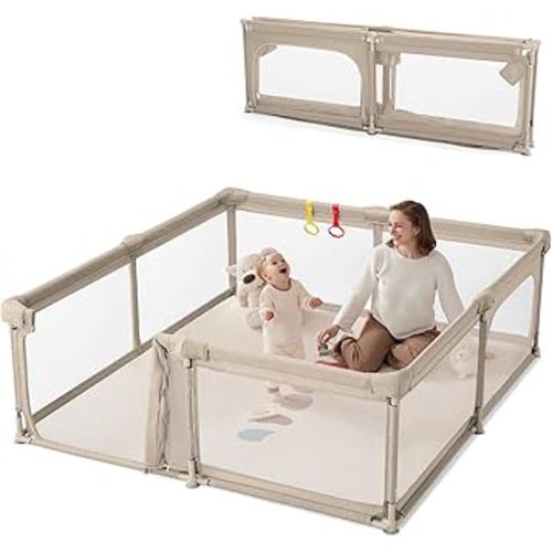 Baby Playpen with Double Door, 79"×71" Extra Large Playpen for Babies and Toddler,Play Yard with Breathable Mesh, Baby Fence Play Area for Indoor & Outdoor,Khaki
