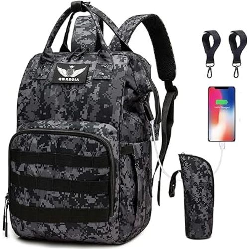 Diaper Bag Backpack with USB Charging Port Stroller Straps and Insulated Pocket,army military Travel Nappy Backpack for Dad/Mom (Black Camo)