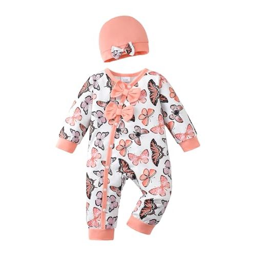 Mioglrie Newborn Baby Girl Clothes Long Sleeve Romper Infant Fall Winter Outfits Floral Hat Jumpsuit Preemie Girl Clothes