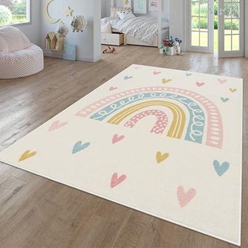 Paco Home Kids Room Rug with Rainbow and Hearts in Cream Multicolor, Size: 5'3" x 7'3"
