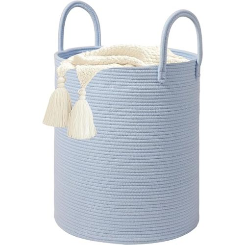 Large Woven Laundry Basket Hamper,60L Cotton Rope Storage Basket for Blankets in living room,Decorative Tall Nursery Hamper for Toys and Clothes,Baby Basket,Blue