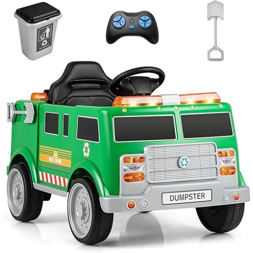 Costzon Ride on Garbage Truck, 12V Battery Powered Kids' Electric Vehicles w/Remote Control, Trash Bin/Shovel/Lights/Sound Effects/Recycle Accessories, Toddler Recycling Car for Age 3+(Garbage Truck)