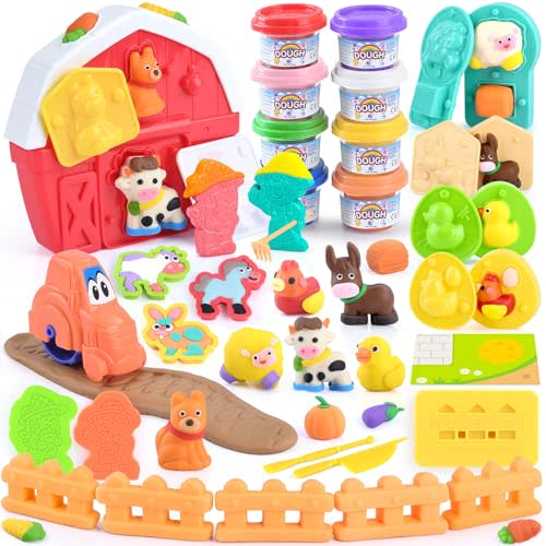 Farm Animals Color Dough Toys for Kids Ages 2-4-8, Big Red Barn Farm Playset with Animal Figures Clay Dough Modeling Tools, Art Crafts Toddler Learning Toy, Ideal Christmas Birthday Gifts