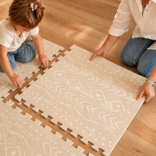 Lillefolk Baby Play Mat for Floor 4x6ft Beige | Soft Non Toxic Premium EVA Foam Tiles for Tummy Time, Crawling & Playroom Waterproof Interlocking Floor Mat for Babies & Toddlers (6 Tiles)