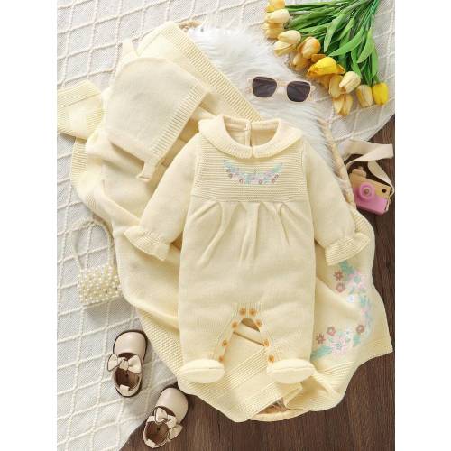 SHEIN 3pcs Newborn Baby Girl Outfit Set: Pink Embroidered Romper With Peter Pan Collar, Footie, Hat + Knit Blanket Baby Set Autumn Winter Season Vintage Winter Baby Clothes Baby Girl Clothes Spring Fall Baby Clothes Neutral Warm Baby Girl Clothes Baby Kni