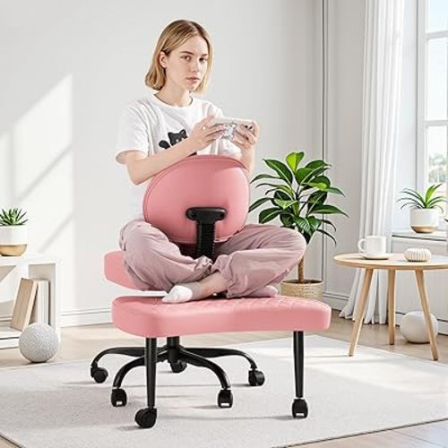 GUNJI Ergonomic Criss Cross Legged Office Chair, 360° Swivel Meditation Kneeling Chair with Wheels, ADHD Chair with Footrest, Lumbar Support, Wider Height Adjustable Seat (Pink, Faux Leather)