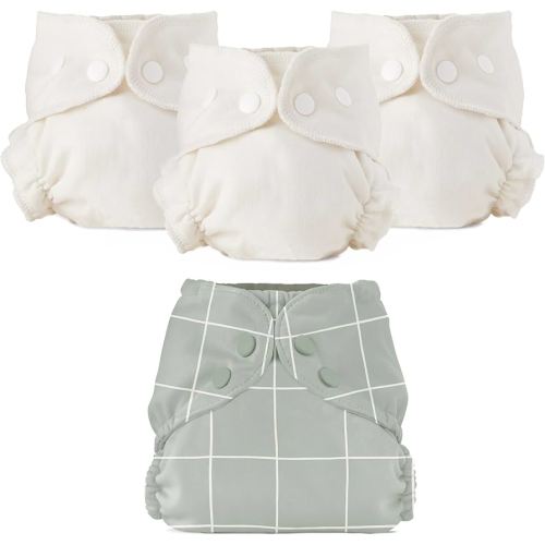 Esembly Cloth Diaper Bundle Set - 3 Organic Cotton Absorbent Inners and 1 Waterproof Outer Diaper Cover - Reusable, Washable, Snap Closure Cloth Diapers - Size 1 (7-17lbs), Lattice
