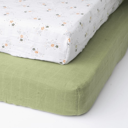 Top Cotton 100% Organic Cotton Crib Sheets Set of 2, Fitted Elastic Baby Mattress Sheet for Boys & Girls, Soft Breathable Infant Sheets, 52" x 28" x 9" (Green & Star)