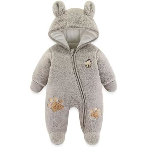 Newborn Baby Bear Onesie Snowsuit Winter Footie Fleece Romper Hooded Jumpsuit Infant Coat for Girls Boys 0-12M