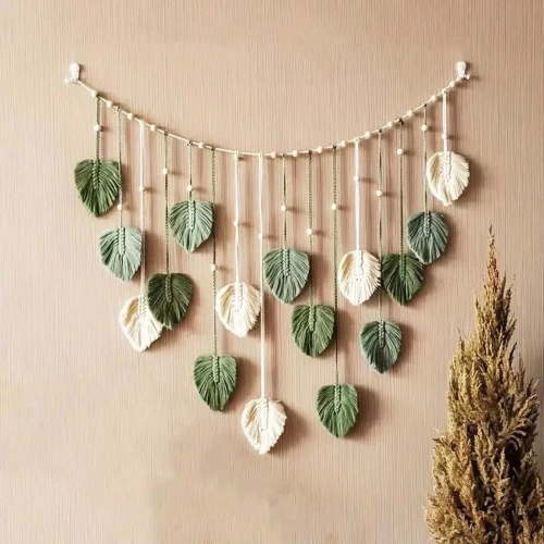 Artisan-Made Macrame Leaf Wall Accent, Hand-Stitched Sage Green and Cream Foliage Pieces, Wall Hanging decor with decorative Beadwork for Living Room, Bedroom, office and Kitchen