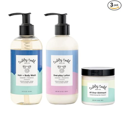 TUBBY TODD 3-Step Baby Bath & Skincare Routine - The Regulars Bundle - 8.5oz Baby Shampoo and Body Wash, 8.5oz Everyday Lotion & 3.5oz All Over Ointment - Lavender Rosemary