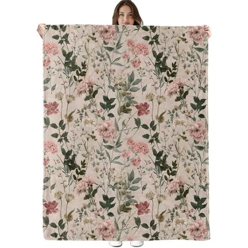 Vintage Floral Blanket, Lightweight Cozy Pink and Green Botanical Throw Blanket Gifts for Women Girls Kids, 50×60 Inch Soft Warm Flannel Throws for Bed Decor Travel Couch