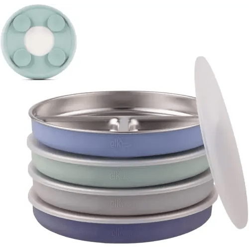 Elk and Friends Stainless Steel Divided Plates with Silicone Sleeve for Babies & Toddlers | Lids Included | Stay Put Suction | Dinner & Snack Plates | 4 Pack