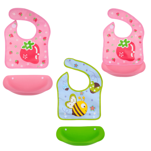 3-Pack Baby Bibs for Girls Toddler Feeding Bib Waterproof Adjustable Lightweight Soft Baby Food Bib BPA Free Washable Bibs (Double Pink Strawberry, Green Bee)