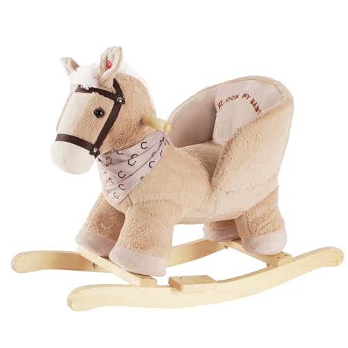 Rock My Baby Rocking Horse, Baby Animal Rocking Horse with Seat, Ride on Horse, Plush Rocking Horse with Realistic Sound, Wooden Rocking Horses Ages 1-3 (Caramel Color Horse), CPC Certified