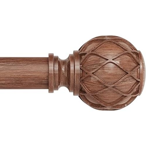 Wood Curtain Rods, 1'' Decorative Adjustable Farmhouse Boho Curtain Rod for Windows 72 to 144 Inch(6-12 Feet), Heavy Duty Rustic Drapery Pole with Netted Texture Finials, Brown Wood, 30''-144''