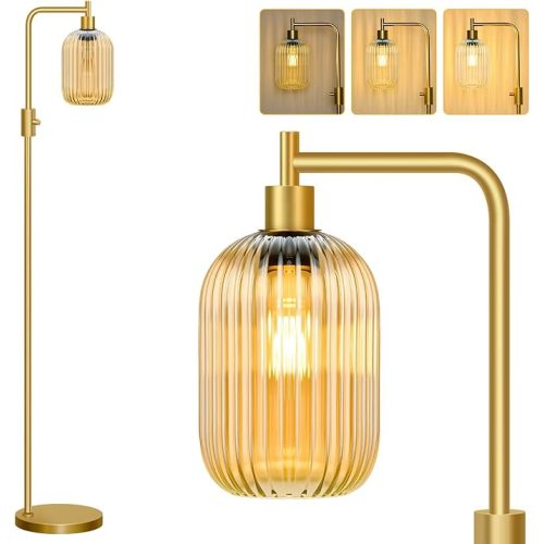 Dimmable Glass Floor Lamp for Living Room, Modern Gold Standing Lamp with Amber Ribbed Glass Lampshade & Knob Dimmer, Arc Tall Lamp for Bedroom Office Reading Room, 2700K Led Bulb Included