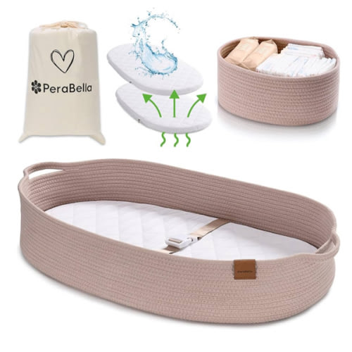 PeraBella XL Baby Changing Basket for Dresser Top, Moses Baskets for Newborn, Portable Baby Diaper Changing Pad Table Topper for Dresser, Moses Bassinet Mat with Waterproof Pad Cover and Diaper Caddy