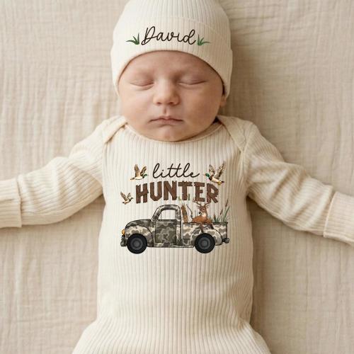Little Hunter Baby Bodysuit and Hat Set, Custom Name Camo Hunting Newborn Outfit