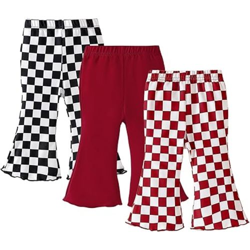 SOBOWO Checkered Baby Girl Flare Pants 3 Pack Toddler Bell Bottoms Plaid Ruffle Leggings Pants Fall Winter Outfits Size 6M-4T