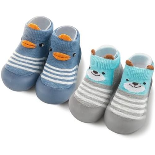 2 Pairs Baby Sock Shoes Boys Girls Non Slip Soft Rubber Sole Sneakers Toddler Infant Slip On Slippers First Walking Shoes