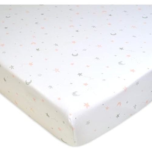 American Baby Company 100% Natural Cotton Fitted Crib Sheet 52" x 28" - Soft, Breathable, Hypoallergenic & Gentle Toddler Bed Sheet, Pink Stars and Moons, Neutral for Boys & Girls