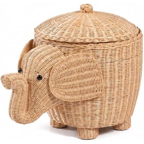 Natural Rattan Elephant Basket, Wicker Floor Basket with Lid