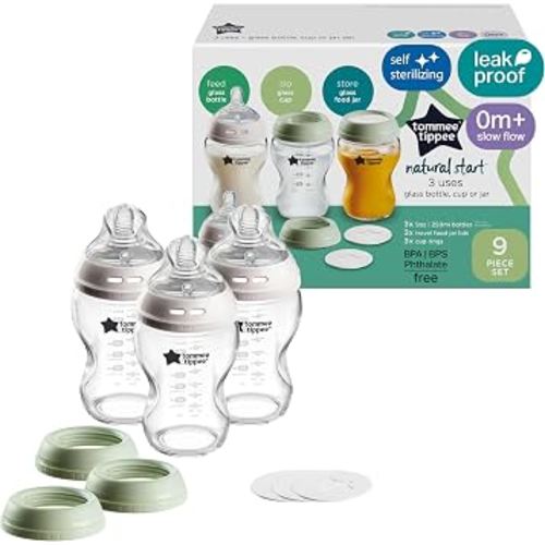 Amazon.com : Tommee Tippee Natural Start Glass Baby Bottles, 0m+, 9oz | Pack of 3, Slow Flow Breast-Like Nipple, Self-Sterilizing, Travel Jar Lids & Cup Rings, BPA & Phthalate Free : Baby
