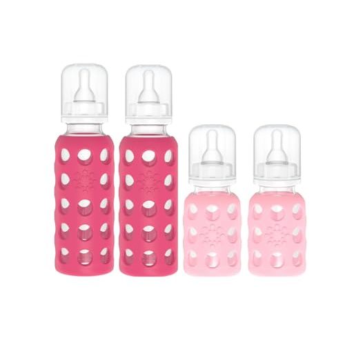 Lifefactory Glass Baby Bottle BPA Free | Protective Silicone Sleeve| 4 oz & 9 oz Pack of 4 | Pink & Raspberry