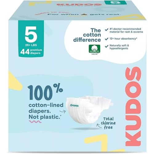 Kudos Size 5 Cotton-Lined Disposable Baby Diapers, 44 Count, Ultra Absorbent Baby Diapers, Soft Comfort, Gentle Materials, Secure Fit for Sensitive Skin