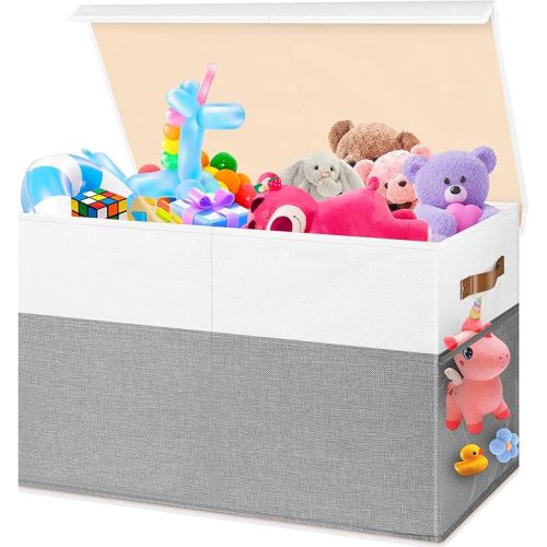 Large Toy Box, Collapsible Sturdy Storage Chest With Lids, Kids Toy Chest Storage Organizer Toddler Bin Boxes for Living Room, Bedroom, Nursery, 25"x13"x16", White & Gray