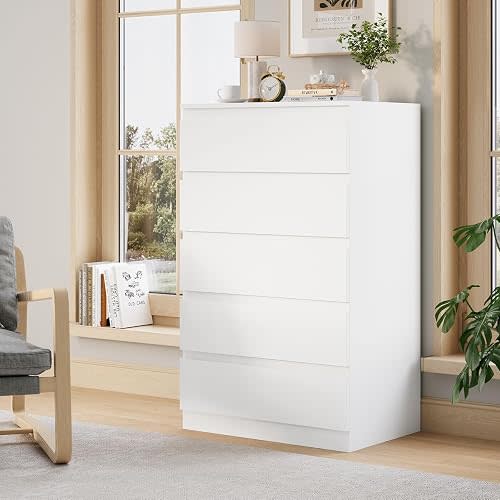 Cómoda de madera blanca para dormitorio, 5 cajones para almacenamiento de ropa, cómoda moderna con cajones anchos, cómoda de madera ancha para sala de estar, entrada, soporte para TV