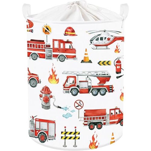 Clastyle Large Red Fire Engine Kid Laundry Hamper for Boy Collapsible Dog Clothes Toy Storage Basket with Lid for Nursery